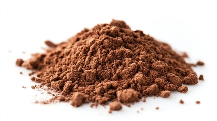 A close-up of finely ground cocoa powder in a small pile, isolated on a white background, highlighting its texture