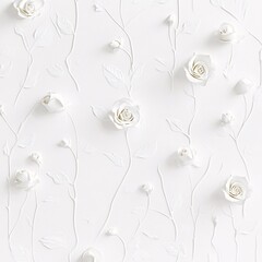 Subtle white embossed rose pattern with delicate buds and stems on smooth background