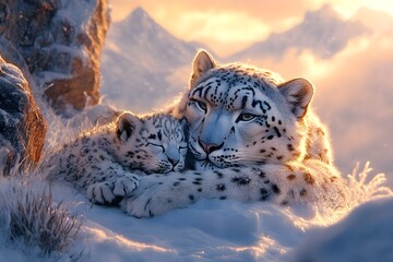 Snow leopard and her cub in a serene, icy highland landscape