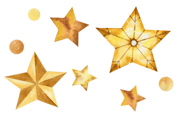 Set of watercolor drawings of golden stars. Festive stars. Decoration isolated on a white background.