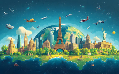 This vibrant AI-generated artwork imagines a futuristic Earth with iconic landmarks like the Eiffel Tower, Statue of Liberty, and Big Ben.