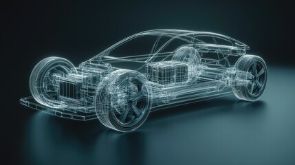 Naklejka premium A detailed 3D line art x-ray of an electric car chassis highlighting the battery, set against a minimalist studio background