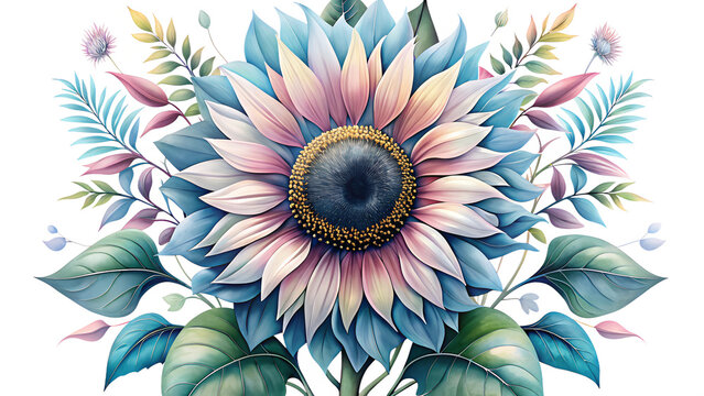 Stylized Illustrative Giant Sunflower with Pastel Petals and Lush Leaves on a transparent background