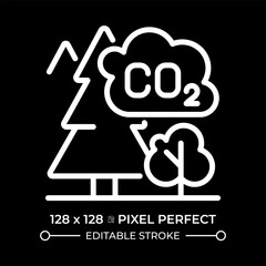 Forest carbon white linear icon for dark theme. CO2. Carbon dioxide. Climate change. Environmental impact. Carbon absorption. Thin line illustration. Isolated symbol for night mode. Editable stroke