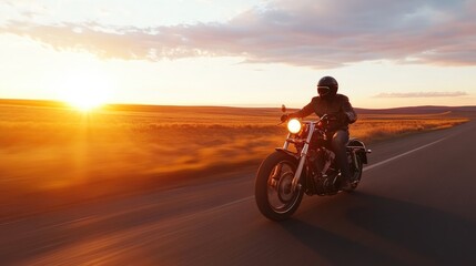 A lone motorcyclist rides down an open highway at sunset.