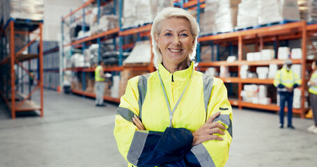 Logistics, happy woman or portrait in warehouse with confidence, coordination or distribution. Mature manager, arms crossed or pride in storage facility with team, export and shipping in supply chain