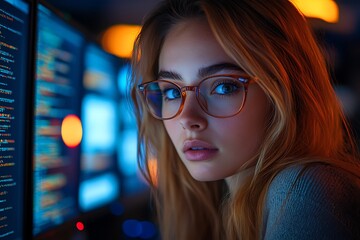  AI cyber security concept. Diverse IT specialist team analyzing artificial intelligence online risk threats to consumer data & privacy. Software developers coding & ethical hacking in dark office 