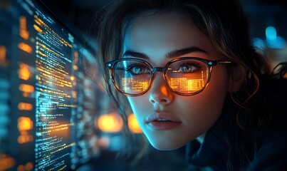  AI cyber security concept. Diverse IT specialist team analyzing artificial intelligence online risk threats to consumer data & privacy. Software developers coding & ethical hacking in dark office 