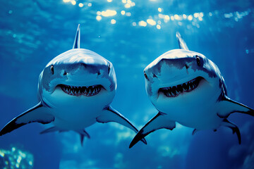 Two sharks swimming underwater, showcasing their teeth in a vibrant blue ocean environment.
