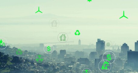 Animation of network of eco icons over cityscape - Powered by Adobe
