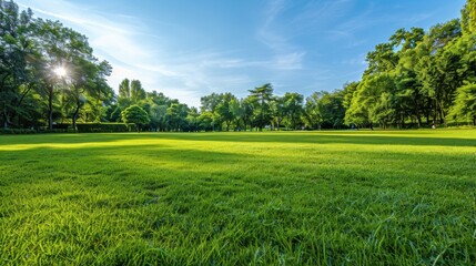 Background texture of clean and wellmaintained grass lawn with a variety of trees in the background against beautiful sky Vacant ground or empty unpowered campsite in a park Copy space