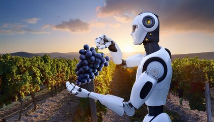 Naklejka premium A futuristic robot harvesting grapes in a vineyard at sunset, showcasing the blend of technology and nature.