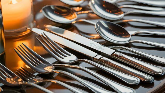 Silver fork and spoon silver cutlery in restaurant 