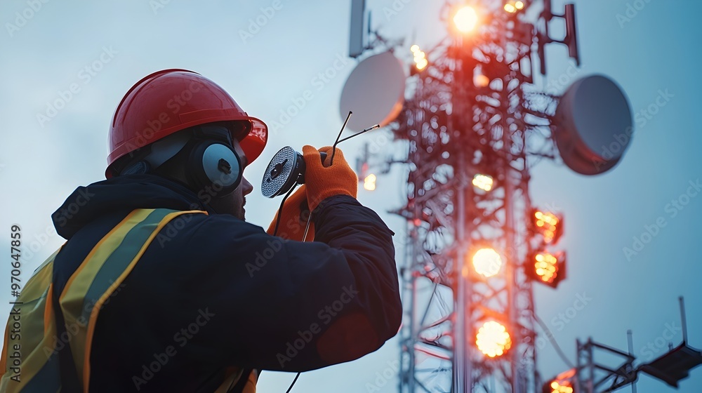 Poster engineers adjusting antennas to optimize radio wave reception atop skyscraper