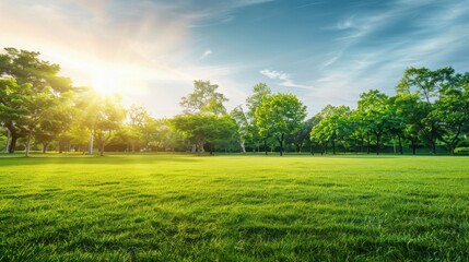 Obraz premium Background texture of clean and wellmaintained grass lawn with a variety of trees in the background against beautiful sky Vacant ground or empty unpowered campsite in a park Copy space