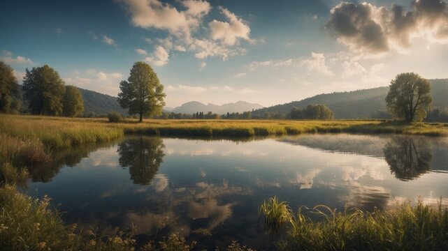A beautiful landscape with a large body of water and a lush green field.