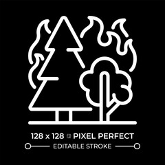 Forest fire white linear icon for dark theme. Wildfire. Burning trees and flames. Nature disaster. Deforestation. Thin line illustration. Isolated symbol for night mode. Editable stroke