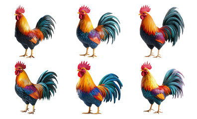Fototapeta premium Set of vibrant roosters in different poses isolated on transparent background