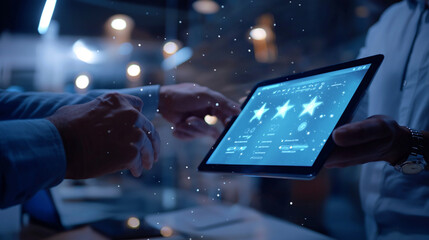 A businessman in a modern office setting holding a tablet and tapping on a digital interface to give a five-star rating screen shows a review page with stars,