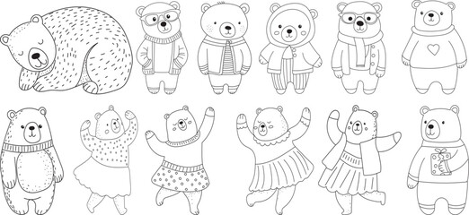 set bears characters, book coloring sketch vector