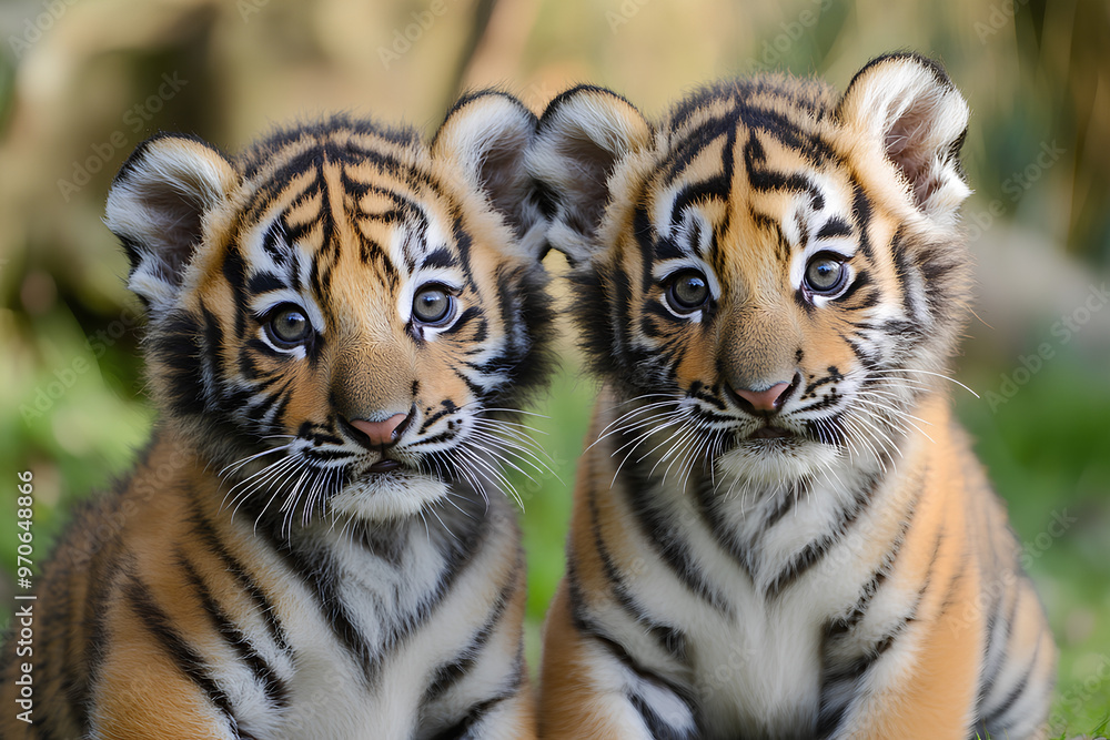 Wall mural Two adorable tiger cubs sitting together in a natural setting.