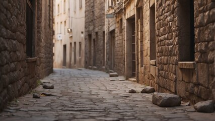 Fototapeta premium A Desolate Alleyway Through Crumbling Stone Buildings.