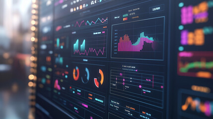 A close-up of a digital dashboard on a large screen with a colorful graph depicting increasing sales. The dashboard is filled with various e-commerce metrics such as revenue,