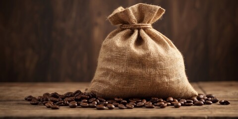 Coffee Beans in Burlap Sack on Rustic Wooden Background.