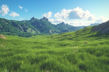 Serene Rolling Hills: Lush Green Landscape with Rocky Outcrops Under Blue Skies