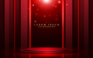 vector illustration red stage podium and decorative laser light lines modern and creative luxury award and presentation abstract product display and marketing background element.