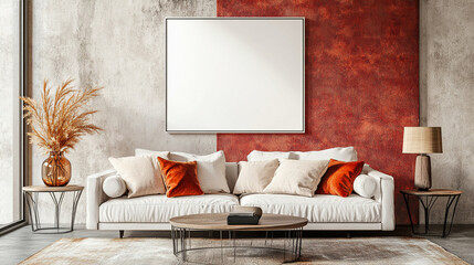 Comfortable living room. Sofa with cushions in front of pastel colored wall, Red and ecru color scheme