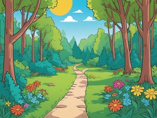 cartoon style of cartoon summer scene with path in the forest or garden - nobody on scene - illustration for children