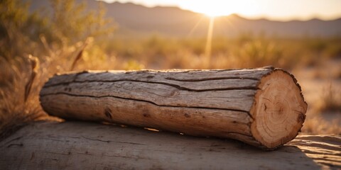 Golden hour sunlight on weathered desert log.