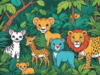 cartoon style of cute safari animals in a lush green jungle