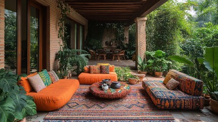 Cozy outdoor seating area surrounded by lush greenery.