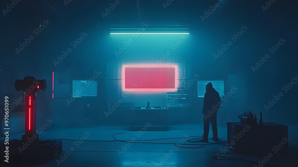 Poster futuristic laser lab with glowing holographic display in dark room