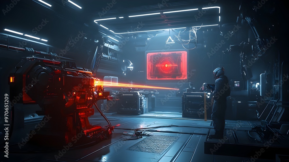 Poster futuristic laser laboratory with holographic display in dimly lit room