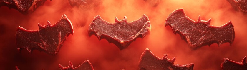 Haunting Halloween Butcher's Feast - Raw Bat-Shaped Steaks in Eerie Fog and Candlelight