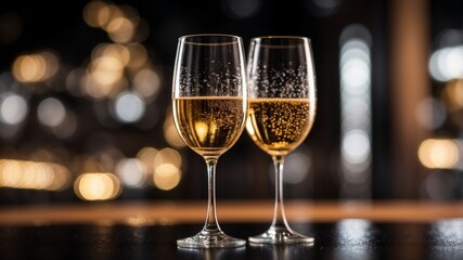 A Single Glass of Sparkling Wine on a Black Surface.