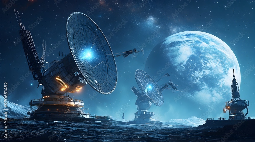 Poster futuristic space communication technology transmitting radio signals to distant planets