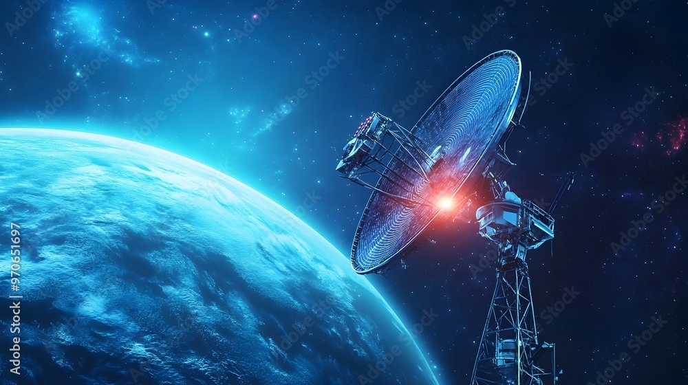 Poster futuristic space communication technology transmitting signals to distant planets