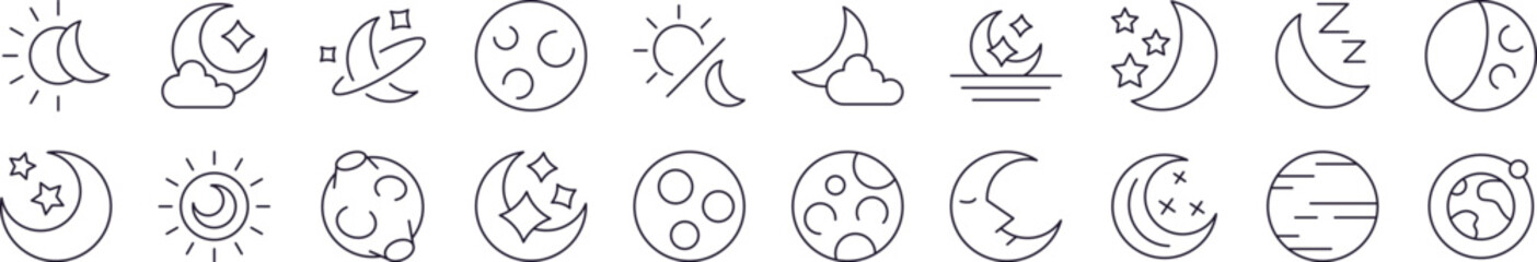 Celestial Bodies Line Icon Set. Modern Collection for Design, Web Sites, Apps, Cards. Contains Linear Images of Moon and Stars