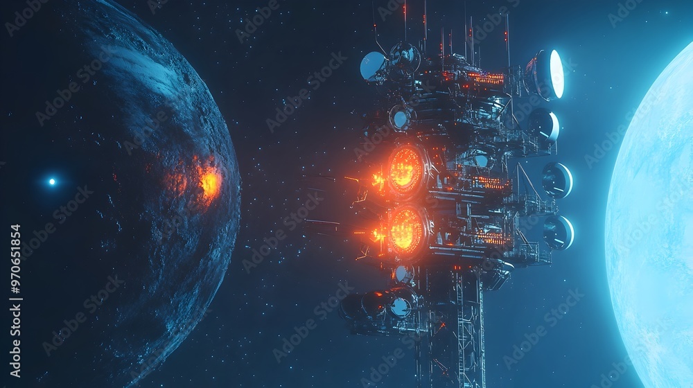Poster futuristic space station like signal tower with advanced antennas broadcasting into the cosmos