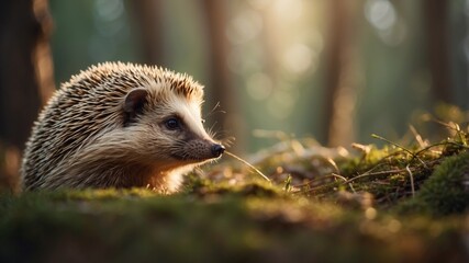 A Cute Hedgehog in a Sunlit Forest Clearing.