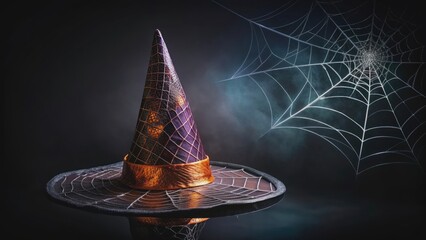 Fototapeta premium Halloween witch hat accessory on black background with spiderweb pattern, symbolizing magic and mystique, Halloween