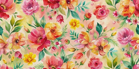 Seamless watercolor floral pattern in pink, red, yellow, orange, and green, all-over abstract botanical print , watercolor, floral