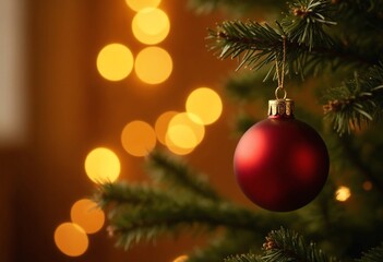 Fototapeta premium Golden Christmas Tree Scene Lights Background. A red christmas ornament hanging from a tree with golden lighting with bokeh in the background