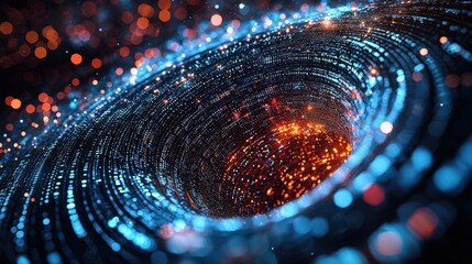 A 3D search engine with data streams flowing into a central point, symbolizing information gathering and analysis