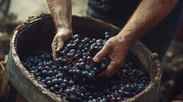 a winemaker using traditional methods, such as foot stomping grapes in a rustic, clean setting, blending heritage with modern cleanliness