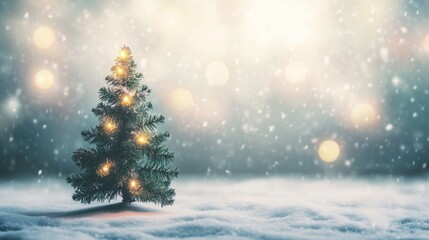 Christmas tree with lights on a snowy background